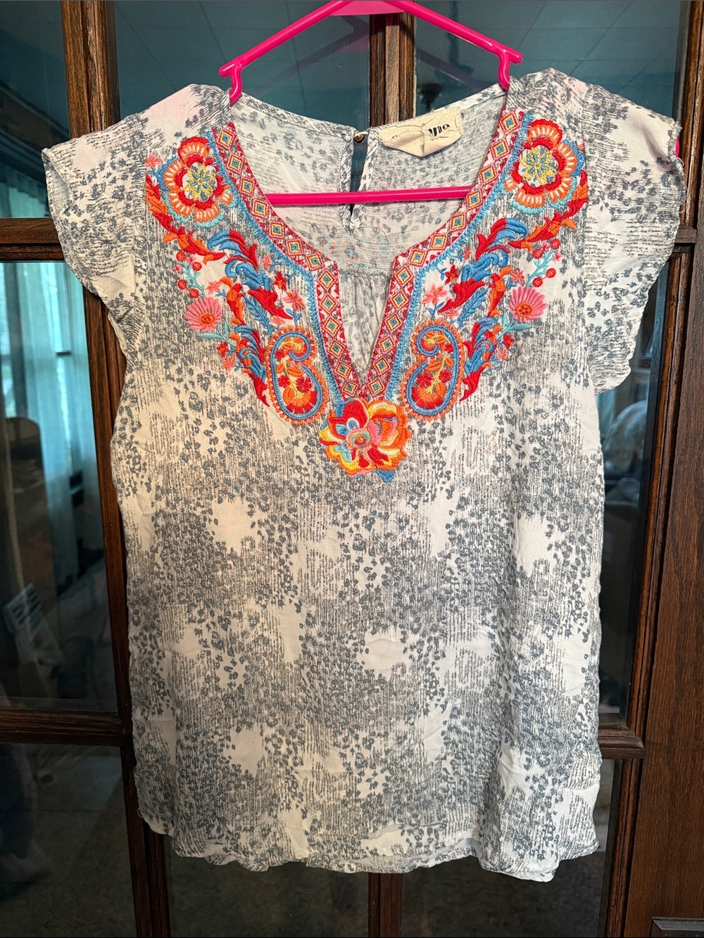 Savanna Jane‎ Grey White Abstract Embroidered Floral Boho Cap Sleeve Blouse M